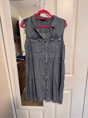 Sleeveless Denim Tiered Mini Dress - Gray Blue